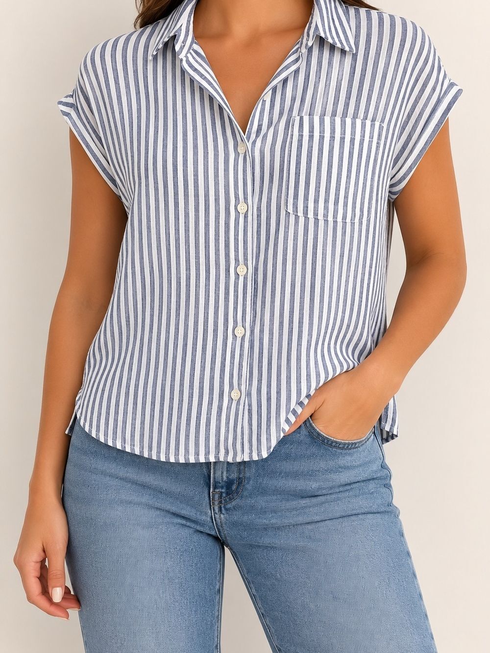 Orvis Linen Blend Striped Button Front Shirt Large Blue White Cap Sleeve Lightwe
